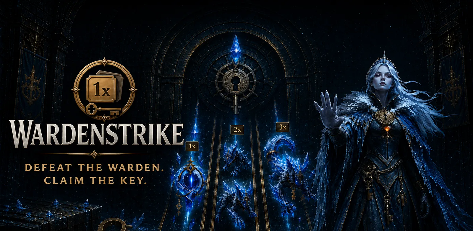 WardenStrike key art: Veyra, Warden of Stillreach, beside the vault lanes